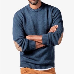 LINE OF TRADE The Starboard Donegal Sweater in Midnight Blue, Tan Elbow Patches